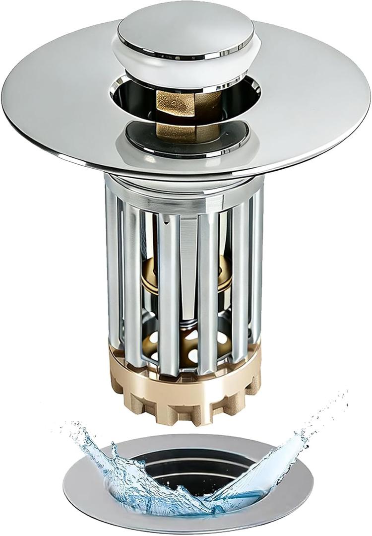 Bathroom Sink Drain Strainer, 3 in 1 Pop Up Bathroom Sink Stopper with Removable Brass Basket Hair Catcher, Universal Sink Plug for 1.06 to 1.6in Drain Hole, Chrome Silver