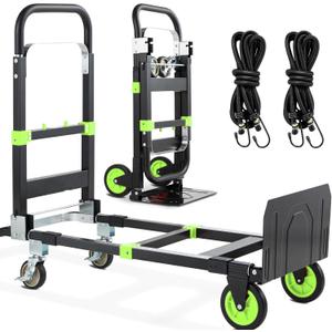 3-in-1 Folding Hand Trucks, 600Lbs Convertible Hand Truck Dolly, Heavy Duty Convertible Dolly with Retractable Handle and 4 Rubber Wheels, Collapsible Cart for Moving Office/Home/Warehous(Green)