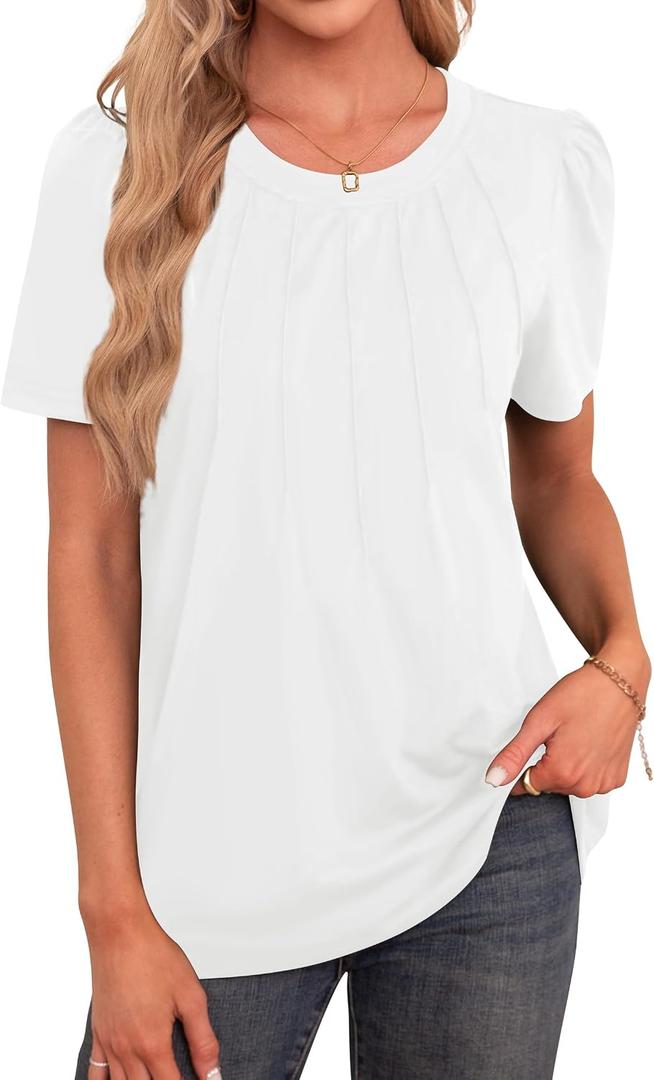 Agnes Urban Womens Tops Dressy Casual Short Sleeve Shirts Summer Loose T Shirts Trendy Tops Pleated Tunic Blouses (White, XL)