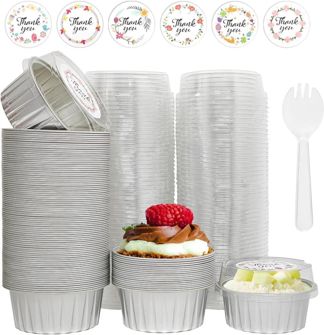 100 Pcs Aluminum Foil Baking Cups with Lids, 5oz Cupcake Liners Dessert Cups,Disposable Ramekins Mini Cake Containers Tin Mini Muffin Liners for Wedding Christmas PartySilver