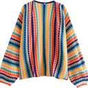 YKR Womens Colorful Cardigan Crop Long Sleeve Color Block V Neck Cardigan Sweater Open Front Crochet Knit Top L Rainbow Large