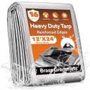 12x24FT Waterproof Tarp, Yumatum 16 Mil Heavy Duty Tarps with Reinforced Edges/ Brass Grommets, 100% UV Blocking/ Tear Resistant Poly Tarp for Camping, Patio, Tent, Boat(Silver/ Black)