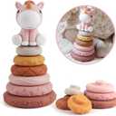 Nueplay 7 Pcs Stacking & Nesting Baby Toys, Squeeze Teething Toys and Building Circle with Pink Horse Figure, Newborn Essentials for 6 12 18 Months Toddler Girls