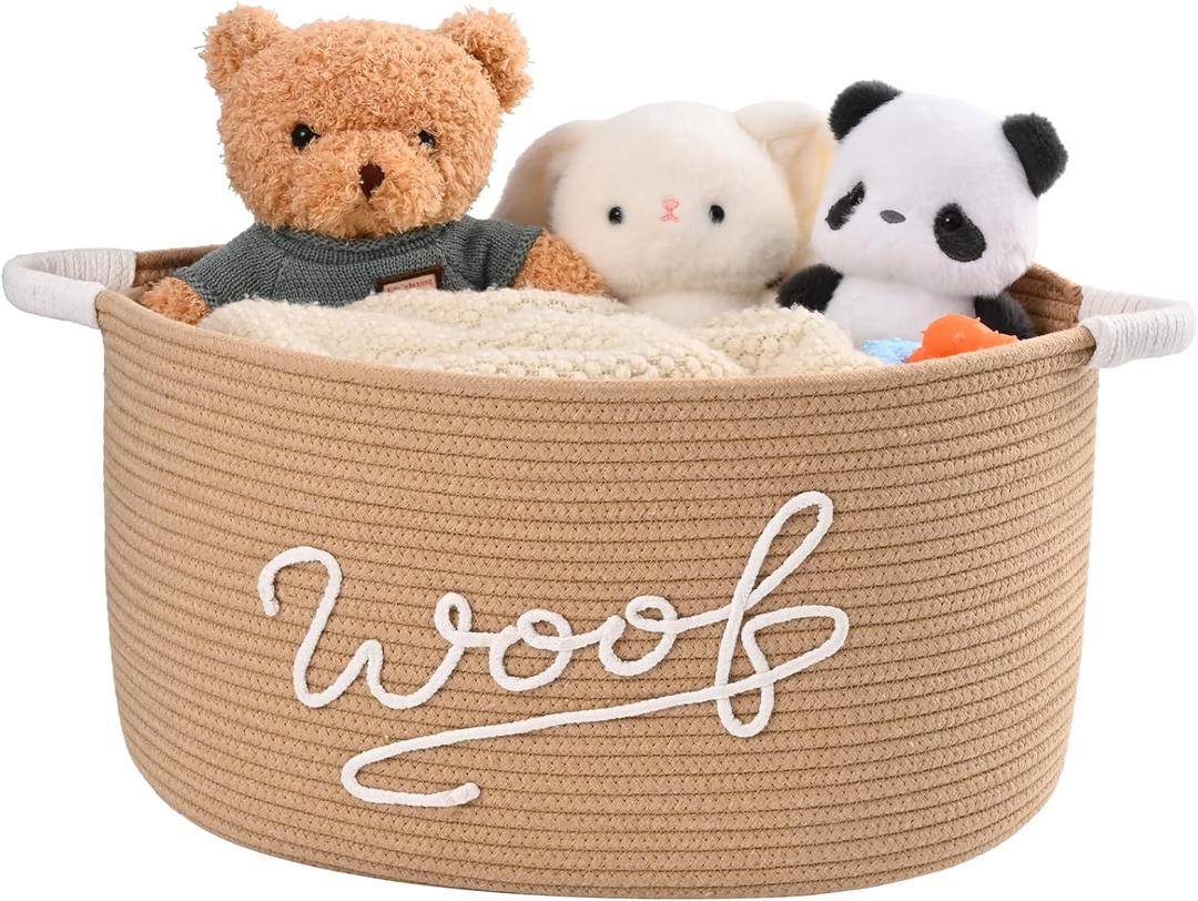 Woof Dog Toy Basket, Large Dog Toy Storage Bin with Durable Handles, Woven Dog Basket for Blankets, Toys, Chews, Pet Toy Storage Box for Nursery, Living Room, Bedroom, 17x12x9, Beige