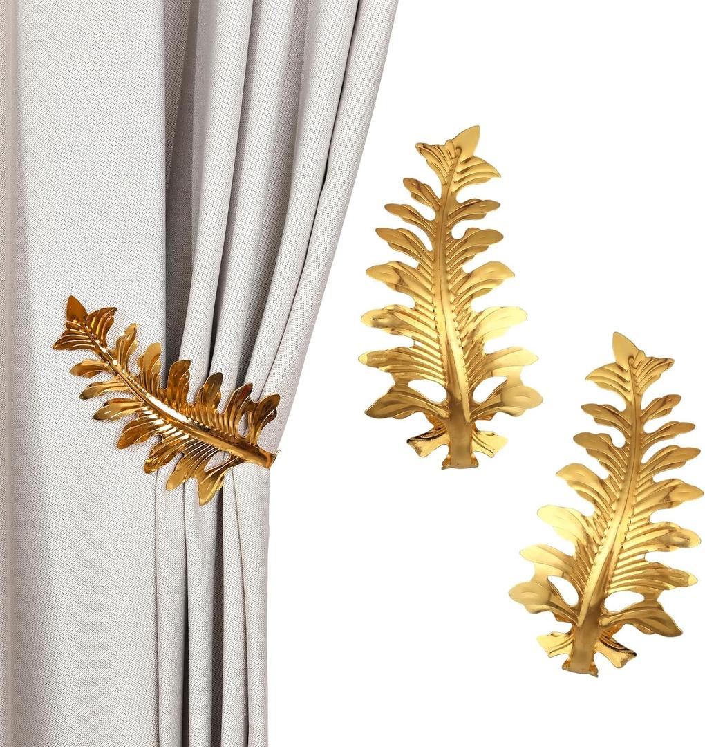 SUQ I OME 1 Pair European Big Leaf Curtain Tiebacks Novelty Fashion Curtain Hook U Shape Wall Hook Simple Modern Curtain Holdbacks, Golden