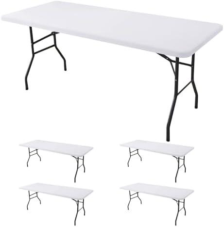 Enjoyidea Fitted Tablecloth for 8 Foot Rectangle Tables-3 Pack White Elastic Outdoor Picnic Table Cover-Spandex Stretch Folding Table Cloths 8ft for Camping Dining Room Patio Kitchen Banquet Party