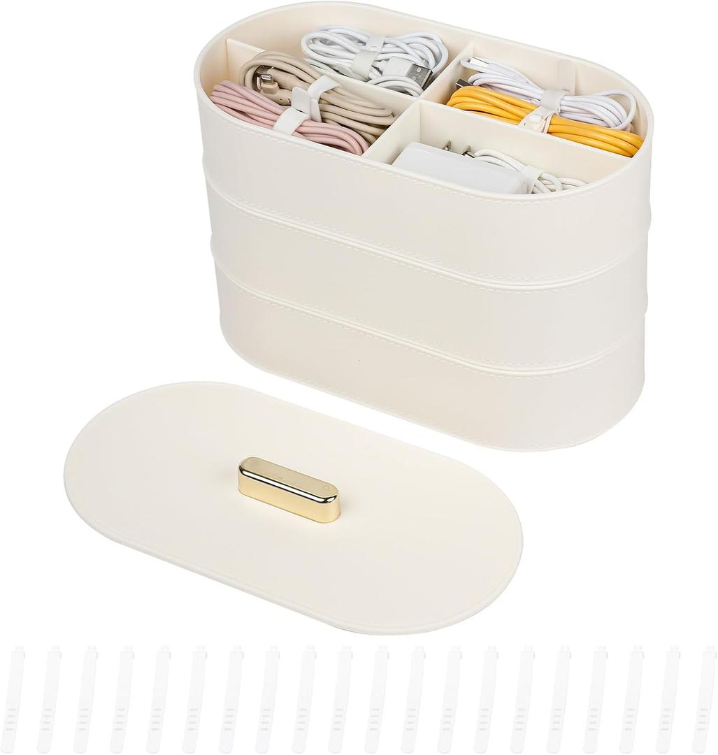 Yesesion Large Cord Organizer Box with Lid, Plastic Cable Storage Case with 20pcs Wire Ties for Desk Drawer, Home Office Supplies, Electronics, Clips, Clamps, Phone Charger, USB, Data Cables (White)