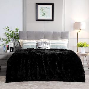 JONIYEAR Extra Large Decorative Fluffy Faux Fur Blanket Queen Size 80" x 90", Soft Luxury Lightweight Furry Blankets, Solid Cozy Shaggy Plush Thick Warm Fuzzy Blankets for Winter Bed Couch, Black