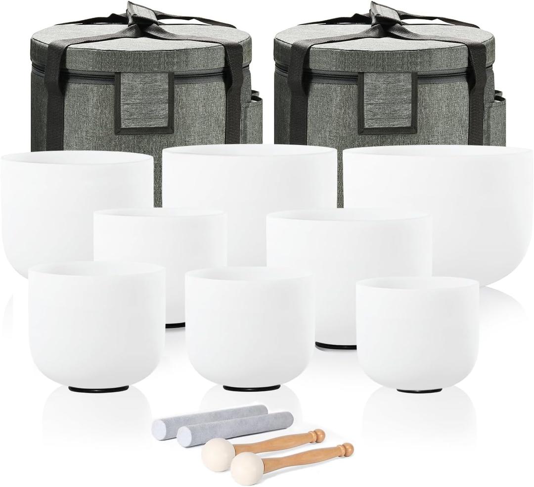 CVNC 432HZ 7-14 Inch Set Of 8 PCS Frosted Chakra Quartz Crystal Singing Bowls for Sound Healing with 2 PCS Travel Carry Case Bag (white)