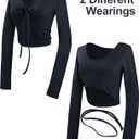Daydance Black Cotton Teen Girls Ballet Wrap Top Crop Dance Cover up with Thumb Hole (S)