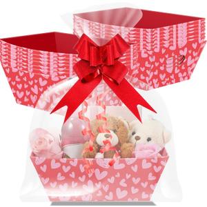 Zhanmai 12 Pcs Valentines Day Baskets for Gifts Empty with Cellophane Bags and Ribbons, Valentine Heart Kraft Tray Cardboard Basket Empty to Fill for Holiday Birthday Wedding Party(Pink)