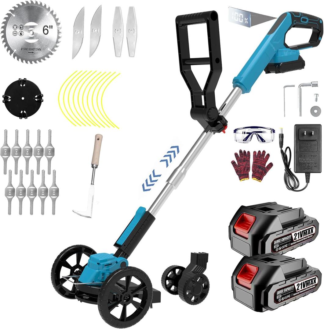 Cordless Weed Wacker Eater Electric Grass Trimmer Battery Powered with 2 Battery&25 Pcs Blade, 3 in 1 21V/2.0Ah Lightweight Portable String Trimmers/Edger Lawn Tool/Brush Cutter for Yard Garden