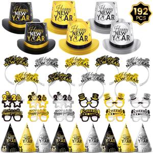 192PCS New Years Eve Party Supplies 2026 for 96 Guests, Happy New Years Decorations Party Favors Includes Top Hats, Tiaras, Glasses Accessories for Adults Nye Decorations 2026