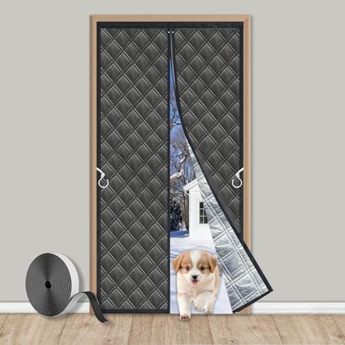 Magnetic Thermal Doorway Curtains for Winter Keep Cold Out 38" X83”3 Layers Aluminum Foil Soundproof Fabric Insulated Door Curtain Magnetic Latch Dog Easier go Through Front Door Velcro Intall, Black