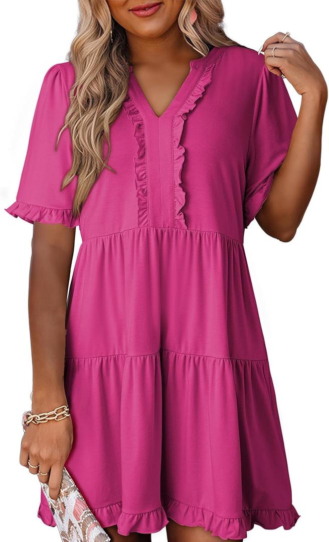 Dokotoo Womens Dresses 2025 Summer Spring V Neck Short Sleeve Casual A Line Flowy Swing Shift Dress Mini Dress (Medium, Rose Red)