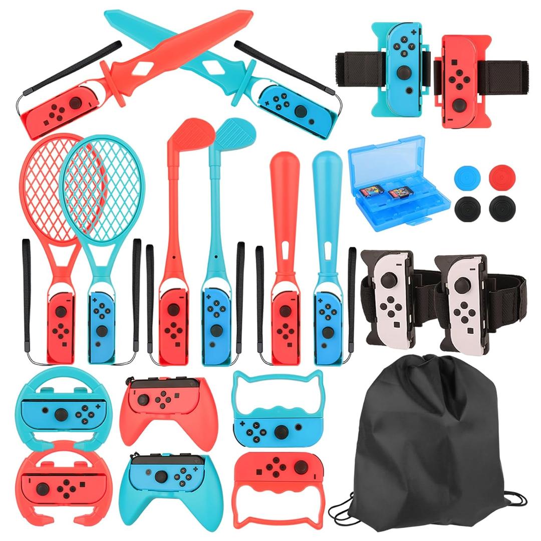 RTop 24 in 1 Switch Sports Accessories Kit for Nintendo Switch Sports, Switch Controllers Joy-Con Grips, Family Accessories Bundle Compatible with Nintendo Switch/Nintendo Switch OLED-With Carry Bag