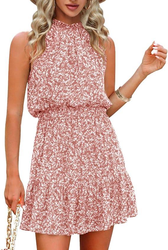 Women's Mini Summer Floral Dresses Halter Neck Sleeveless A Line Casual Beach Tropical Sun Dress XL