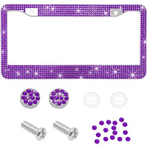 Ohleats Car License Plate Frame, Sparkling Stainless Steel License Plate Frame, Bling Diamond License Plate Holder Cover for Women Men, Universal Exterior Car Accessories (Dark Purple)