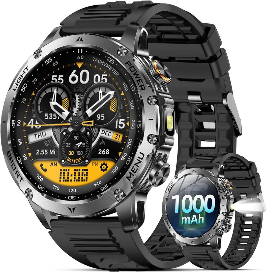Military Smart Watches for Men, Smart Watch with 1000 mAh Battery/Answer/Dial Calls/Fitness Tracker/Flashlight/Heart Rate/Sleep Monitor/100+ Sports Mode, 1.7″ Waterproof Smartwatch for Android/iPhone