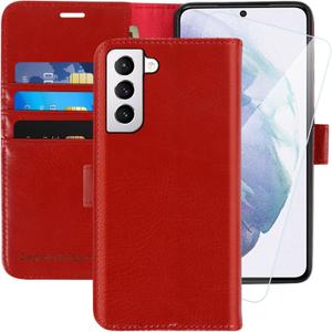 MONASAY Wallet Case Compatible for Galaxy S21+Plus 5G, 6.7 inch [Screen Protector Included][RFID Blocking] Flip Folio Leather Cell Phone Cover with Credit Card Holder, Red