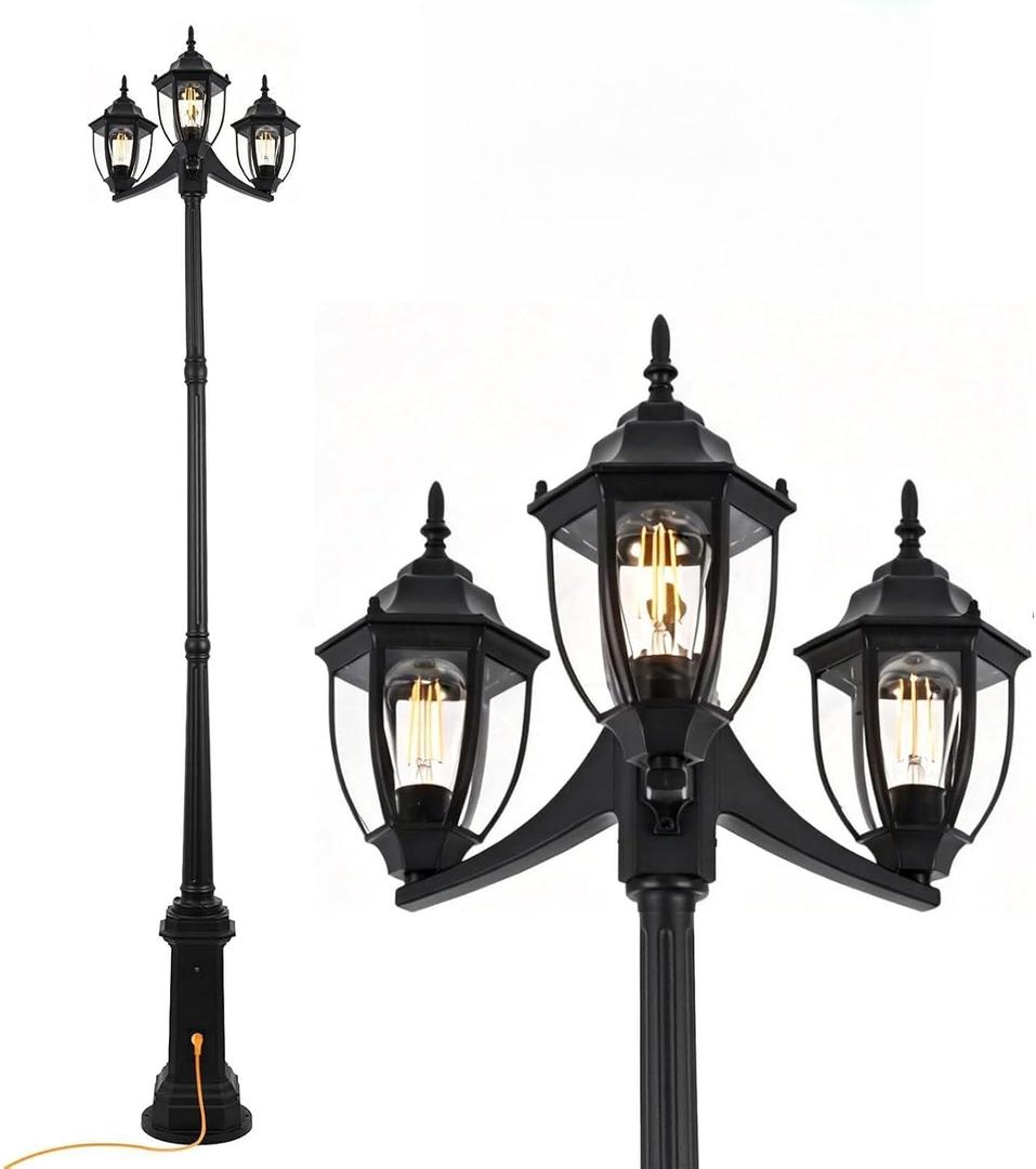 Outdoor Post Light Dusk to Dawn Sensor 3-Head Outdoor Lamp Post with Outlet Gfci, Anti-Rust Aluminum Waterproof Street Lamp Posts Outdoor Lighting for Outside Patio Yard Backyard