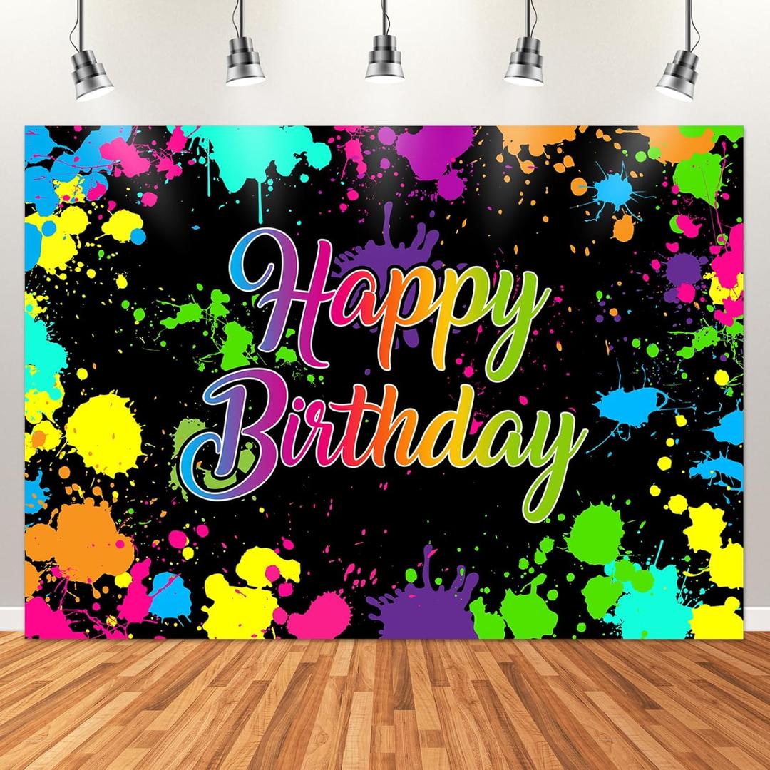 Avezano Glow Neon Birthday Backdrops Glow in The Dark Happy Birthday Party Background Decorations Colorful Graffiti Splash Paint Banner for Kids Birthday Supplies(7x5ft)