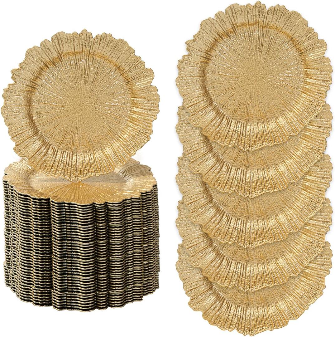 MAONAME 13" Gold Charger Plates Set of 50, Reef Plate Charger Bulk, Round for Dinner Plates, Plastic Table Charger for Wedding Decor