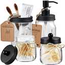 Amolliar Mason Jar Bathroom Accessories Set 4 Pcs -Lotion Soap Dispenser & 2 Cotton Swab Holders & Toothbrush Holder - Rustic Farmhouse Decor, Bathroom Home Decor, Perfect Decorating Idea (Black)