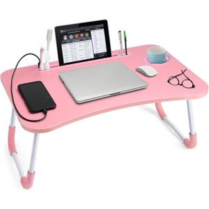 Slendor Lap Desk with Cup Holder, Foldable Laptop Table for Bed, Portable Bed Desk for Laptop and Writing, Computer Tray with Tablet Slot, Notebook Stand Reading Holder for Couch Sofa Floor,Pink