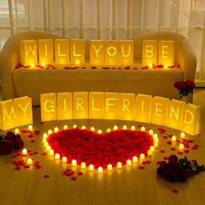 6093 Pcs Will You Be My Girlfriend Light up Letters with LED Flameless Tealight Candle Red Rose Petal Letter Luminary Paper Bag for Valentine's Day Decoration Romantic Special Night Decor
