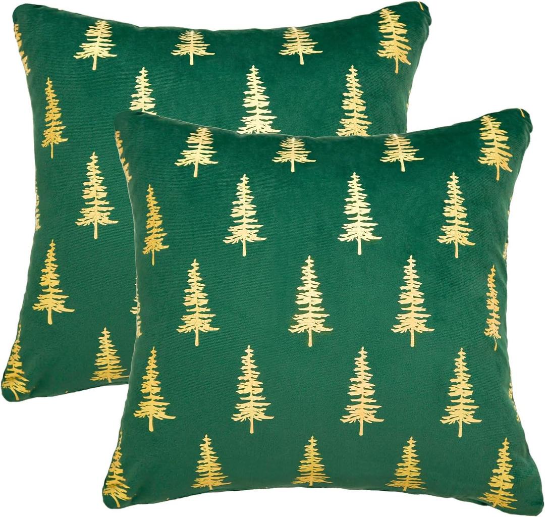 AVOIN colorlife Christmas Green Velvet Throw Pillow Covers 18 x 18 Inch, Gold Foil Print Christmas Tree Design, Glitter Accent Cushion Case Luxury Decoration for Sofa Couch Home Set of 2 Green