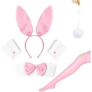 Bunny Costume Set - Ear Headband, Collar Cuffs, Rabbit Tail & Accessories for Halloween & Easter (6 Pcs Pink)