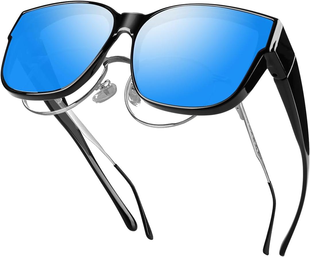 2 x FIMOSON Over Glasses Sunglasses for Men Women, Polarized UV400 Protection Fit Over Sunglasses for Driving (A01 Black Frame/ Blue Lens)