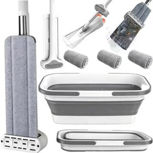Large Flat Mop and Scalable Bucket with Wheels, 360 Rotating Microfiber Dust Mop with Dewatering Scraper, 54" Adjustable Stainless Steel (1 Mop + 4 Microfiber Pads + 1 Bucket)
