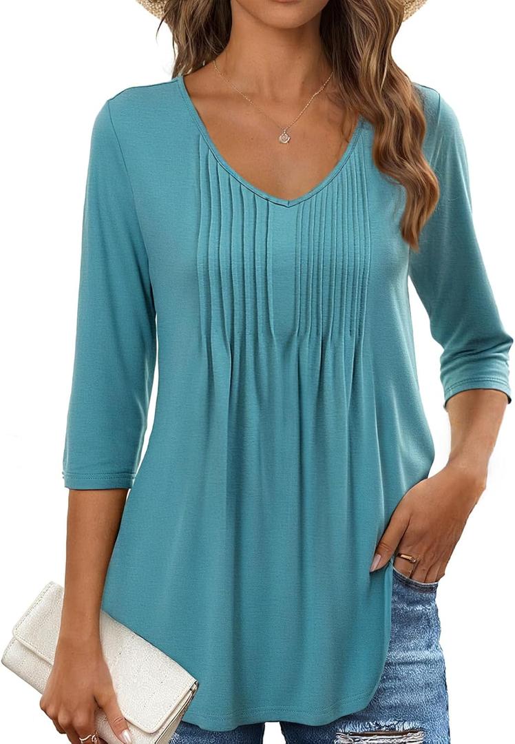 MEROKEETY 3/4 Length Sleeve Womens Tunic Tops Summer Dressy Casual Pleated Loose Fit Shirt Blouses (S)