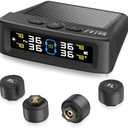 Tire Pressure Monitoring System - TPMS with Solar and USB Charger, 4 Tire Sensors and 6 Alarm Modes, Auto on/Off and Voice Prompt, TPMS with Color LCD Screen, for RV, Sedan, SUV, MPV, etc (0-87 PSI)