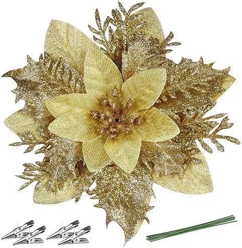 FurRain Christmas Poinsettia Artificial Flowers Decorations 5.5" Christmas Tree Wreaths Garland Decoration 12 Pcs Glitter Flowers Picks Decor for Xmas New Wedding Party Ornaments (Champagne)