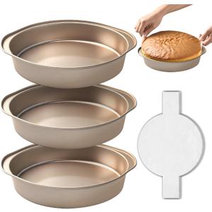 8 Inch Cake Pan, 3PCS Nonstick Round Baking Pans with 50PCS Parchment Papers, Durable Birthday Circle Cake Baking Pan with Handle for Multi-Layer Cakes, Dishwasher Safe (Gold) 