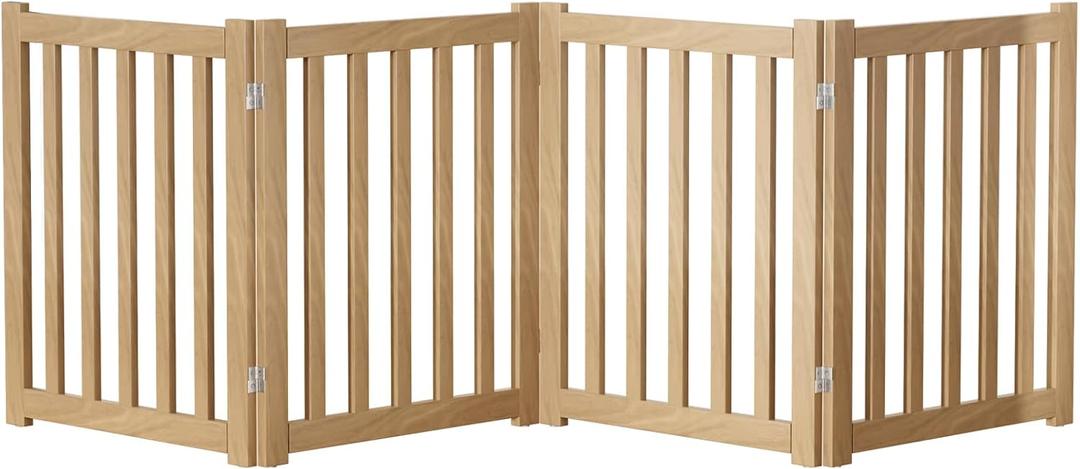 4-Panel Solid Wood Dog Gate - Freestanding Folding Pet Gate for Doorways, Stairs, Indoor, 24" Height, No Installation Needed, Natural Wood