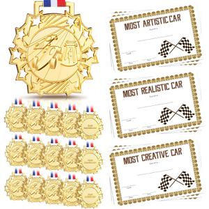 Cunno 15 Pcs Derby Medals with Award Certificate Race Car Trophy Gold Metal Award Medal with Neck Ribbon Prizes Winner Champion Trophies Prize Event Tournament Gifts