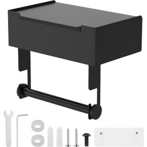 Matte Black Toilet Paper Holder Kit for Drilling, Safe Easy to Install 8 Inch Stainless Steel Paper Holder, Wall Mount, Stable Toilet Roll Holder with Shelf for Your Bathrooms Paper Towels