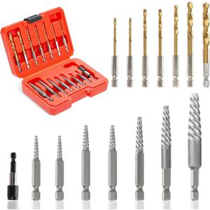 15-Pieces Screw Extractor Set, 37# CR-MO & 6542 HSS Steel Cobalt Left Hand Reverse Drill Bit with 1/4'' Adaptor, Ez Out Stripped Tiny Bolt Remover Kit, Easy Out Broken Screw Head Speed Out Tool