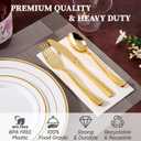 FOCUSLINE 600 Ct Gold Dinnerware Set for 100 Guests - Gold Rimmed Disposable Plastic Plates, Includes 100 Dinner & Salad Plates, Cups, Cutlery Set for Wedding Parties