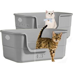 2 Pack Low Entry Litter Box for Kittens & Senior Cats, High Sided Litter Boxes with Handle, Anti-Splash Plastic Large Litter Tray Pan for Big Cat, Easy to Clean, 19.6" L*13.7" W*8.6" H (Grey)