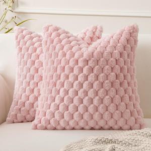 MIULEE Pink Faux Fur Decorative Throw Pillow Covers 18x18 Inch Set of 2 Super Soft Cozy Plush Cushion Cases Luxury Fluffy Pillowcases for Sofa Couch Bed Living Room
