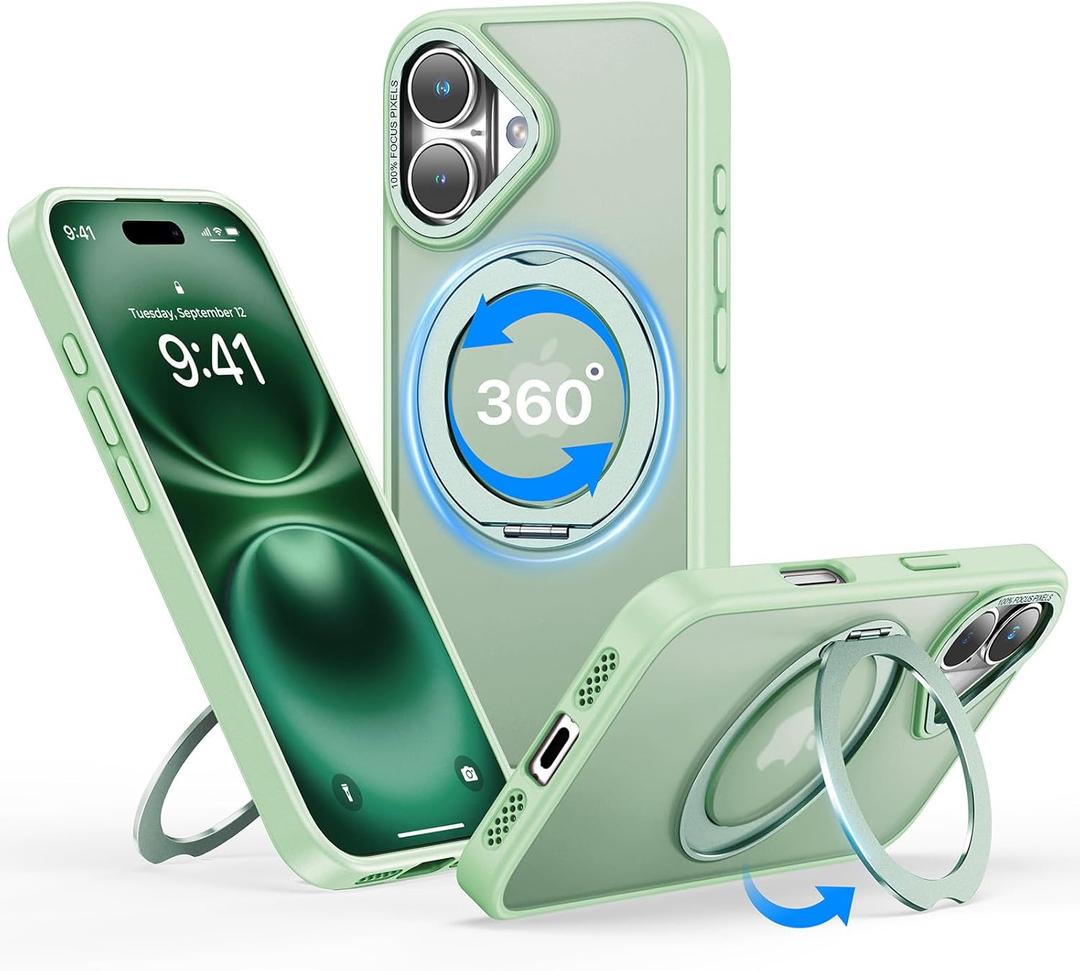QTlier for iPhone 16 Case, 360 Rotatable Ring Stand, Raised Camera Frame, Shockproof Case Compatible with MagSafe, Case for iPhone 16, Translucent Avocado Green