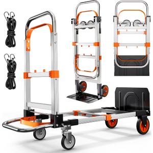 3 in 1 Folding Hand Truck Dolly Cart with Wheels Foldable Utility Cart Aluminum Trolley Cart 600lbs Capacity Convertible Dolly for Moving Furniture Shopping for Garden Home Office Warehouse