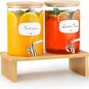 2 PCS 1 Gallon Glass Drink Dispenser for Parties. 2 Glass Beverage Dispenser with Bamboo Stand,18/8 Stainless Steel Spigot and Bamboo Lid, 8 Waterproof Labels.Usde as Lemonade,Iced& Hot Drinks.