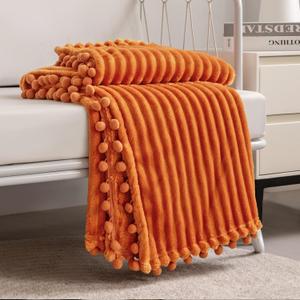 DISSA Fleece Blanket Twin Size 60x80, Orange Soft, Plush, Fluffy, Fuzzy, Warm, Cozy Perfect Throw for Couch, Bed, Sofa - with Pompom Fringe - Flannel Blanket Throw Blanket