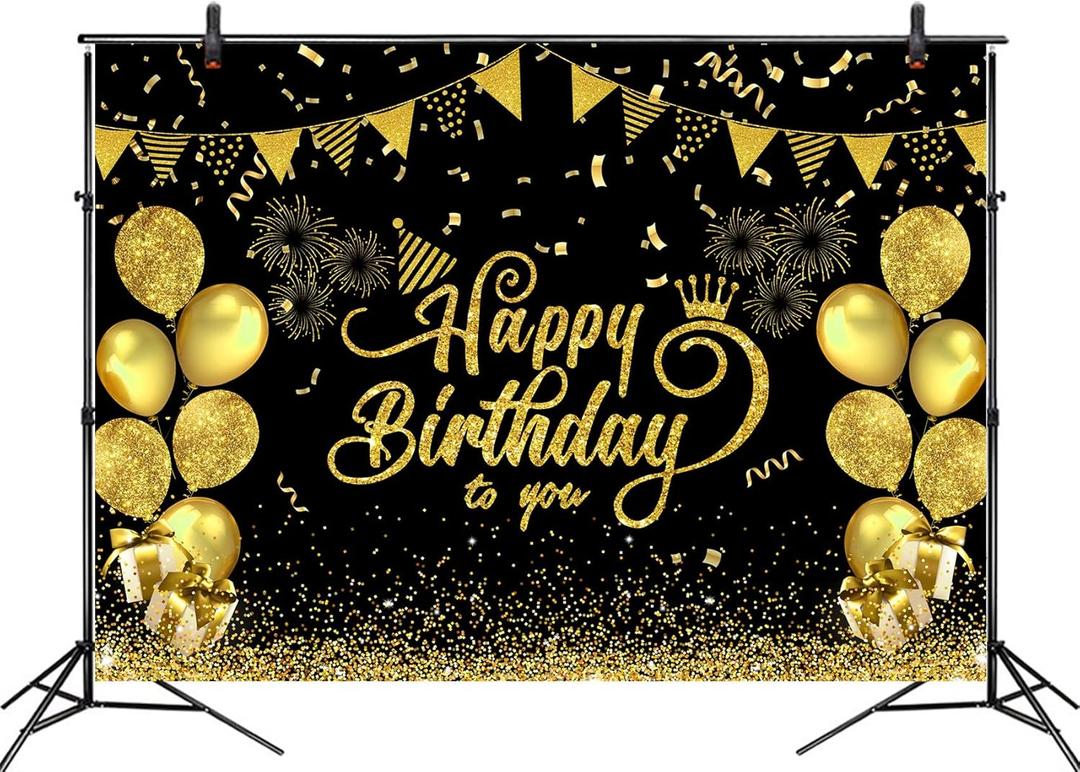 7x5ft Happy Birthday Backdrop Black and Gold Glitter Balloon Fireworks Sign Birthday Photo Backdrop Background for Birthday Party Decoration Supplies Banner Photoshoot Photography Background